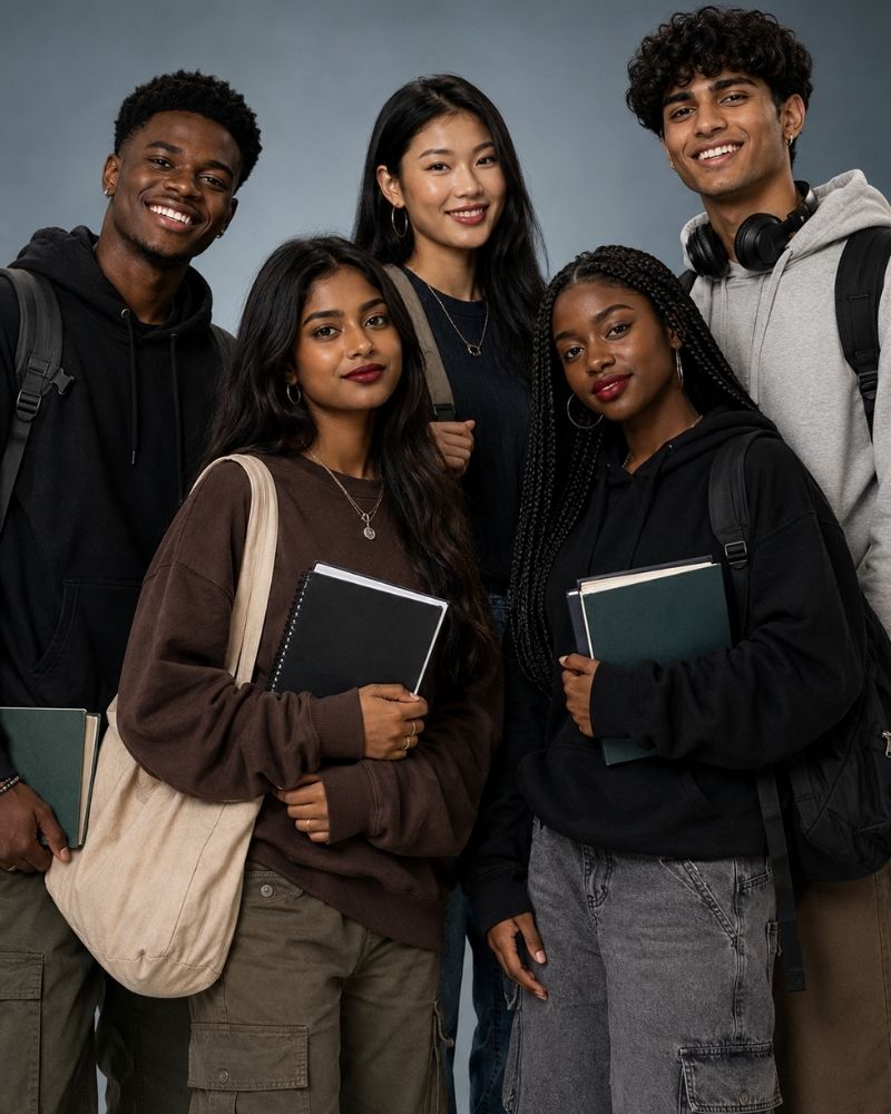 Diverse group of international students on a modern university campus